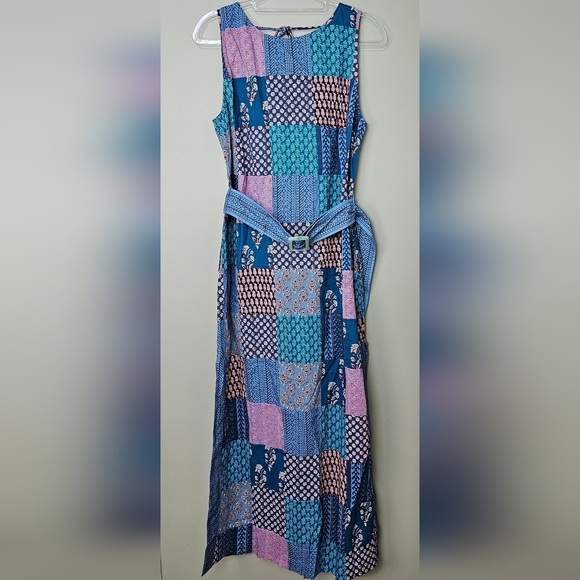 BOTEH Cedella Low-Back 100% Cotton Midi Dress, Patchwork Aquamarine Motif, Sz 4 - Picture 11 of 16